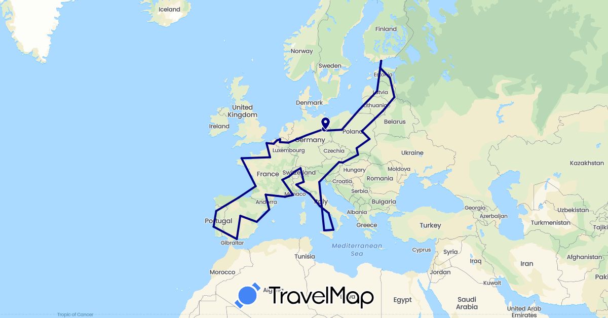 TravelMap itinerary: driving in Austria, Belgium, Switzerland, Germany, Estonia, Spain, Finland, France, Italy, Lithuania, Latvia, Poland, Portugal, Slovakia, Vatican City (Europe)